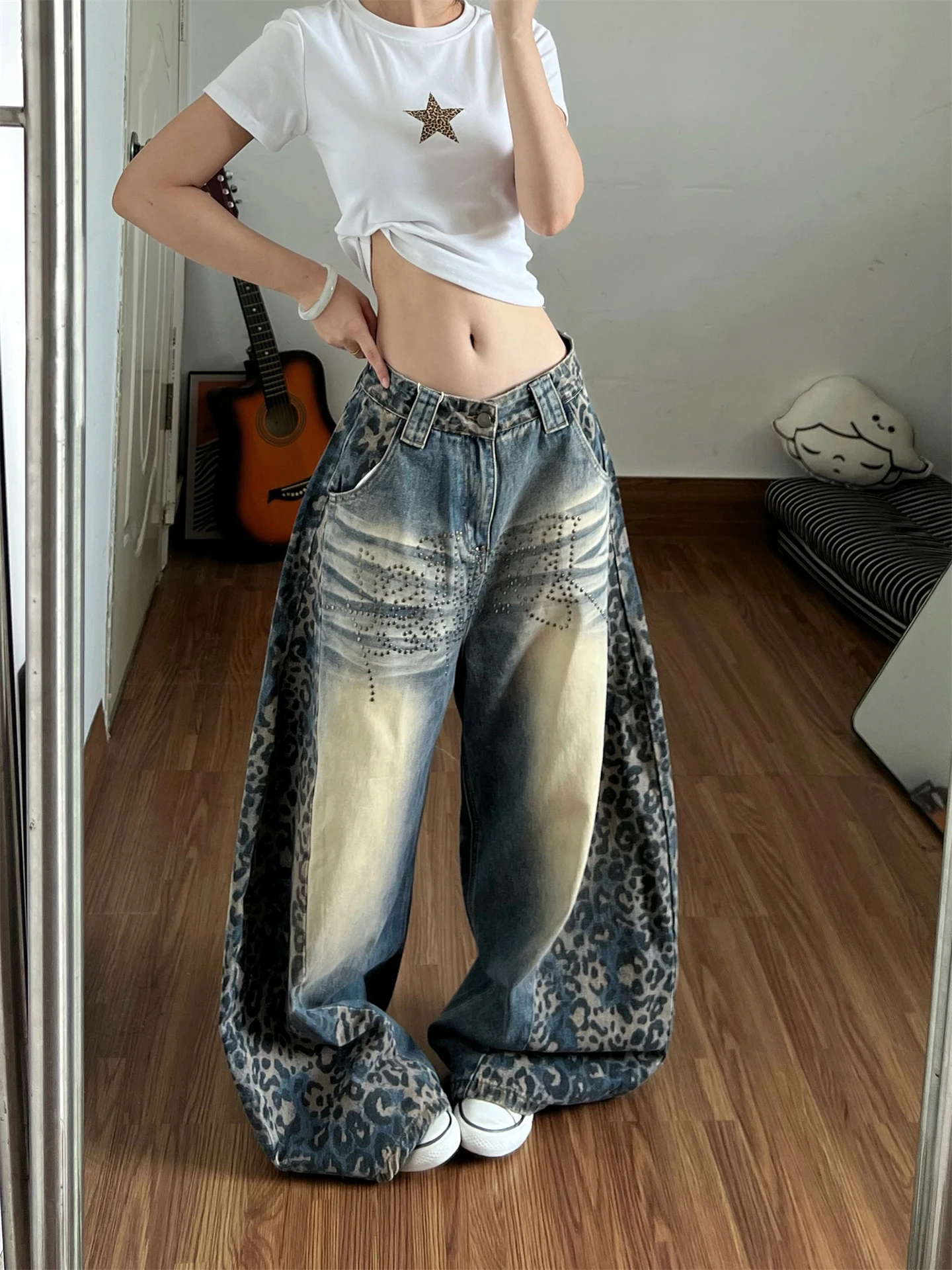 Retro American Leopard Print Patchwork Men's Jeans Autumn New Style Slimming Wide Leg Floor-Length Casual Straight Cut Trousers
