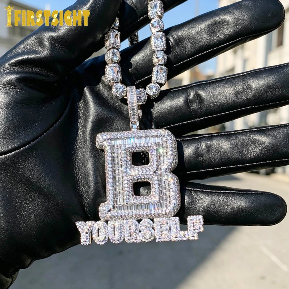 New Iced Out Bling BE YOURSELF Pendant Necklace Two Tone Color CZ Zircon Letter B Charm Men's Women Hip Hop Jewelry