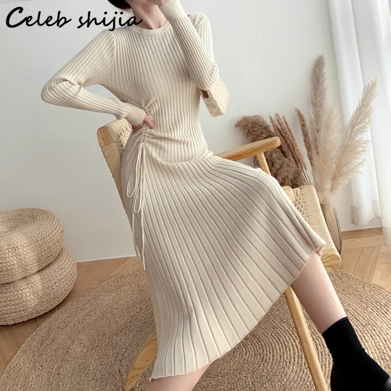 Chic Drawstring Long Knitted Dress Woman Winter Apricot O-neck Elegant Autumn Sweater Dress Vestido Korean Woolen Clothing XL