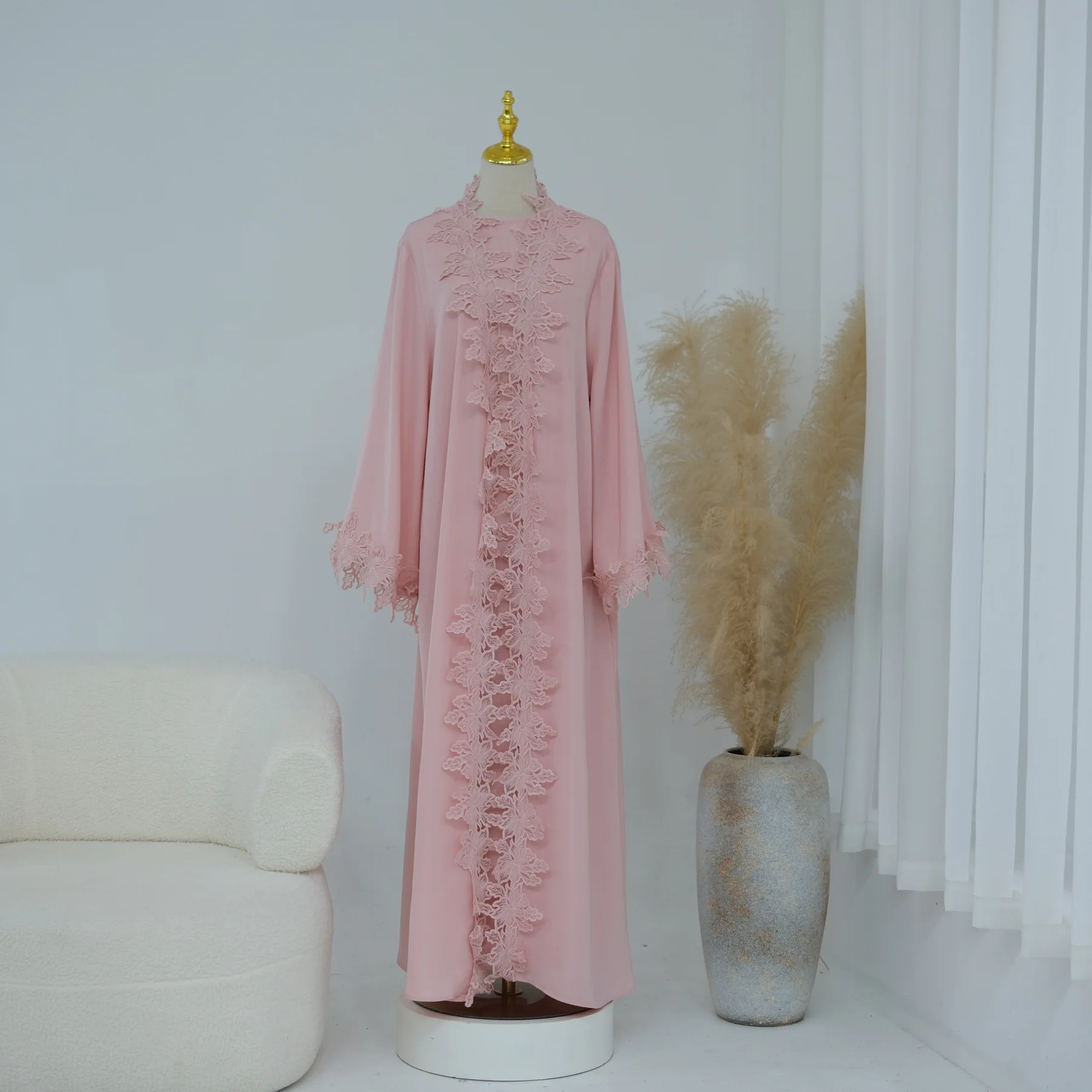 

Dubai Lace Open Kimono Abaya Set with Inner Dress Muslim Maxi Gown Ramadan Islamic Women Prayer Clothes Arab Robe Turkey Outfit