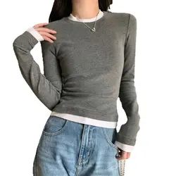 Fashion Fake-2-Pieces T-shirt Women Kpop Y2K Patchwork Tee Shirt Woman Sexy Slim Vintage Clothes Autumn Winter Japanese Tops 90S