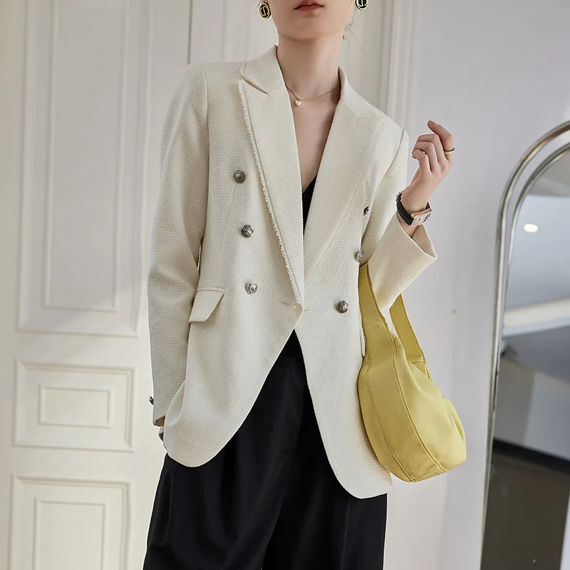 Nữ Xanh Đôi Slim Áo Khoác Blazer Vintage Túi Tay Dài Nữ Áo Khoác Ngoài Sang Trọng Phù Hợp Với Áo Khoác