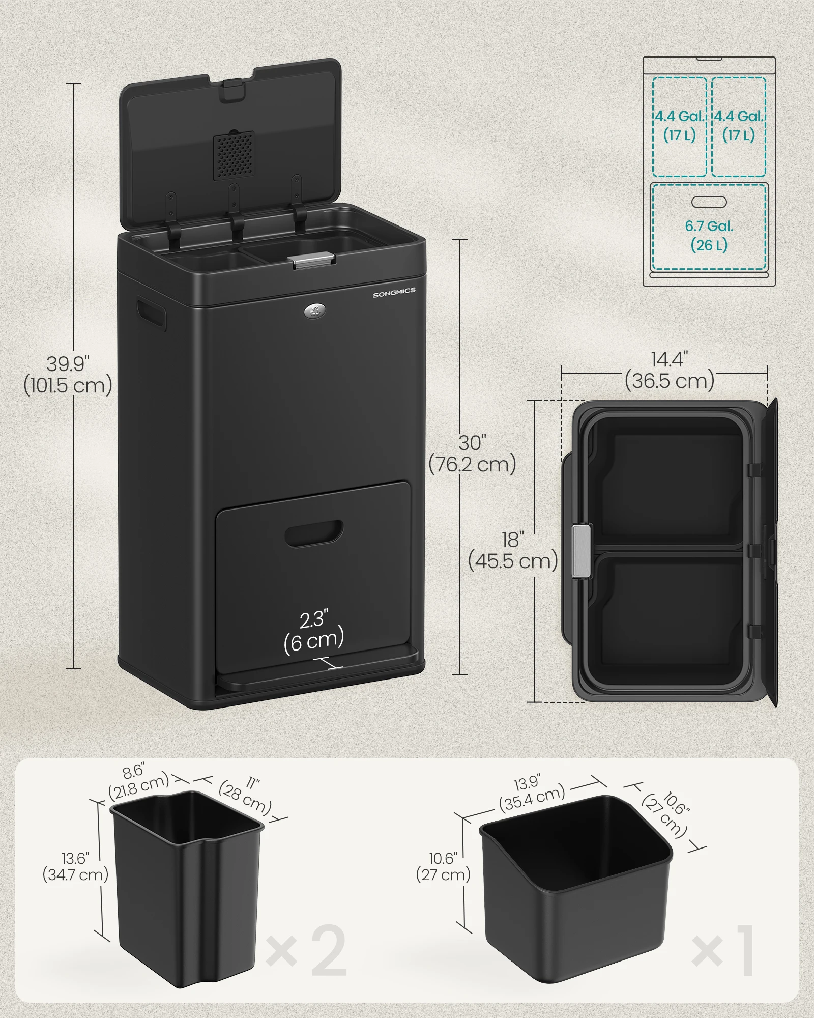 SONGMICS Kitchen Bin, 2 x 4.4 Gallon (2 x 17 L) and 6.7 Gallon (26 L) Volumes, 3-Compartment Bin for General Waste