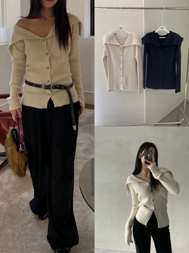 

Sle Sweet Темно-синий вязаный открытый кардиган с воротником, женский утягивающий длинный топ све, повседневная одежда, верхняя одежда из полиэфирного волокна