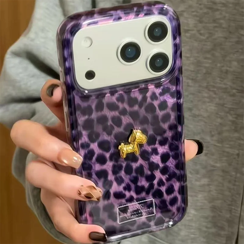 Purple Black Leopard Print Phone Case for iPhone 17 Pro Max 16 15 14 13 12 11 Pro Max 3D Gold Pony Soft Silicone Shockproof Case