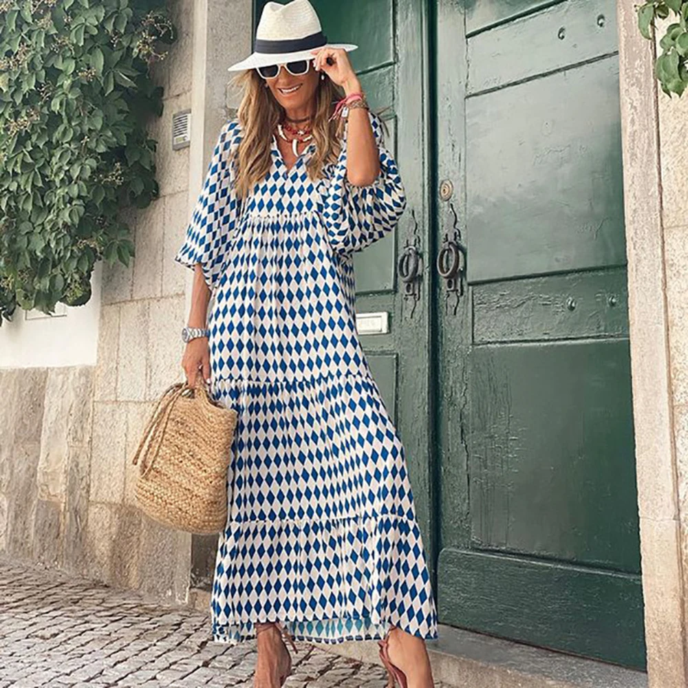 Robe maxi bohème à manches bouffantes pour femmes, vintage, élégante, mode décontractée, imprimé floral, col en V, adt, dames, vacances, plage, fête, éducatif