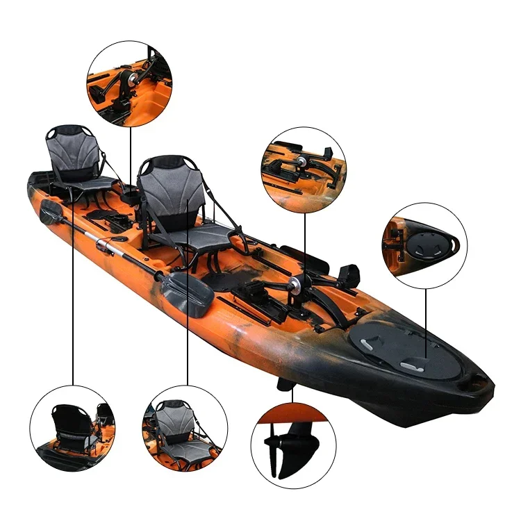 Double Seat Fishing Kayak Plastic Kayak for 2 Person Sit on Top Pedal Kayak PE Canoe 8 Degree