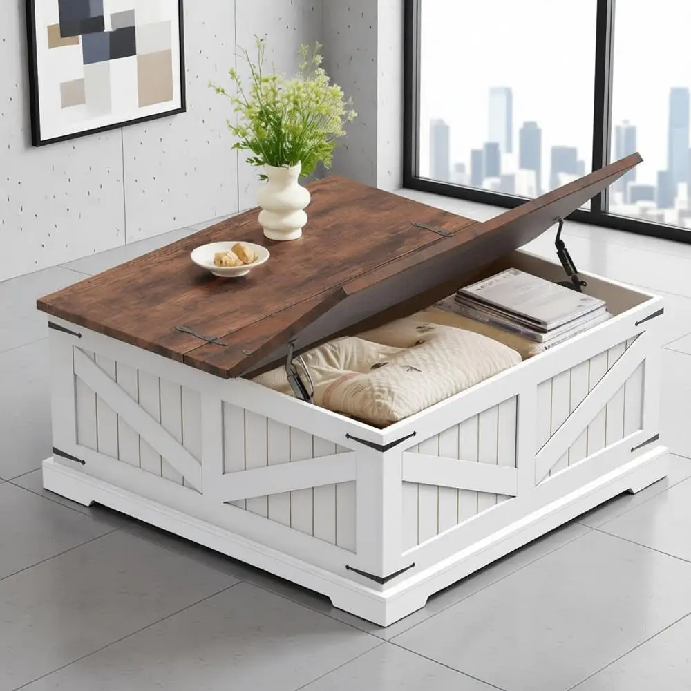 

32-квадратный журнальный столик в фермерском доме с местом для хранения вещей, двумя откидными крышками и потайным отделением для гостиных