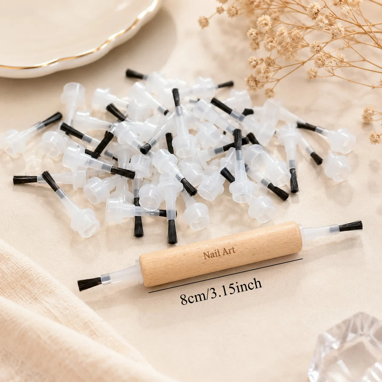 Disposable Nail Polish Brush Set with Wooden Handle, 50 PCS Replaceable Nail Polish Brush Caps for Gel Polish, Nail Salon