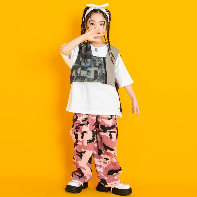 

Kid Cool Hip Hop Clothing Gray Cargo Vest Top Pink Camouflage Casual Street Cargo Pants for Girl Boy Jazz Dance Costume Clothes