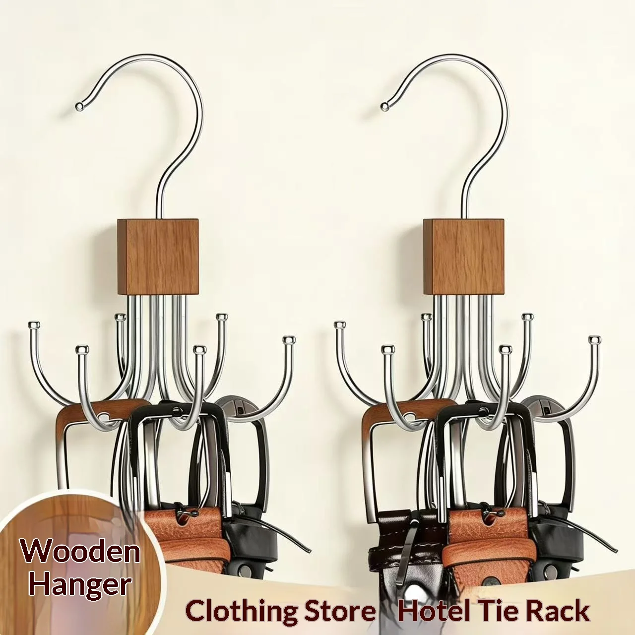 1pc Solid Wood Rotatable 6‑Claw Hanger, No‑Drill Multi‑Purpose Storage Rack for Ties Scarves Hats Bags