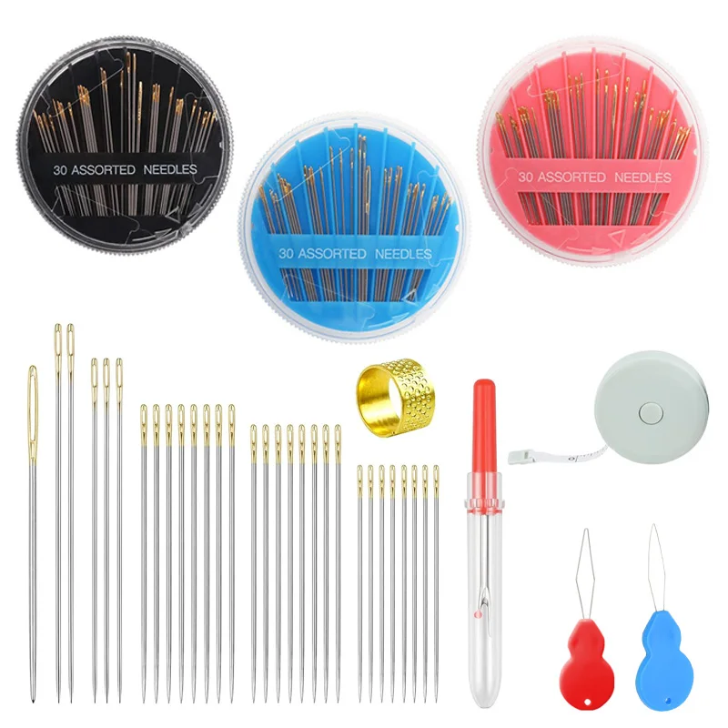 30 agujas de coser premium para reparación de costuras a mano, agujas con punta dorada con enhebradores, cinta métrica suave, abridor de costuras, dedal