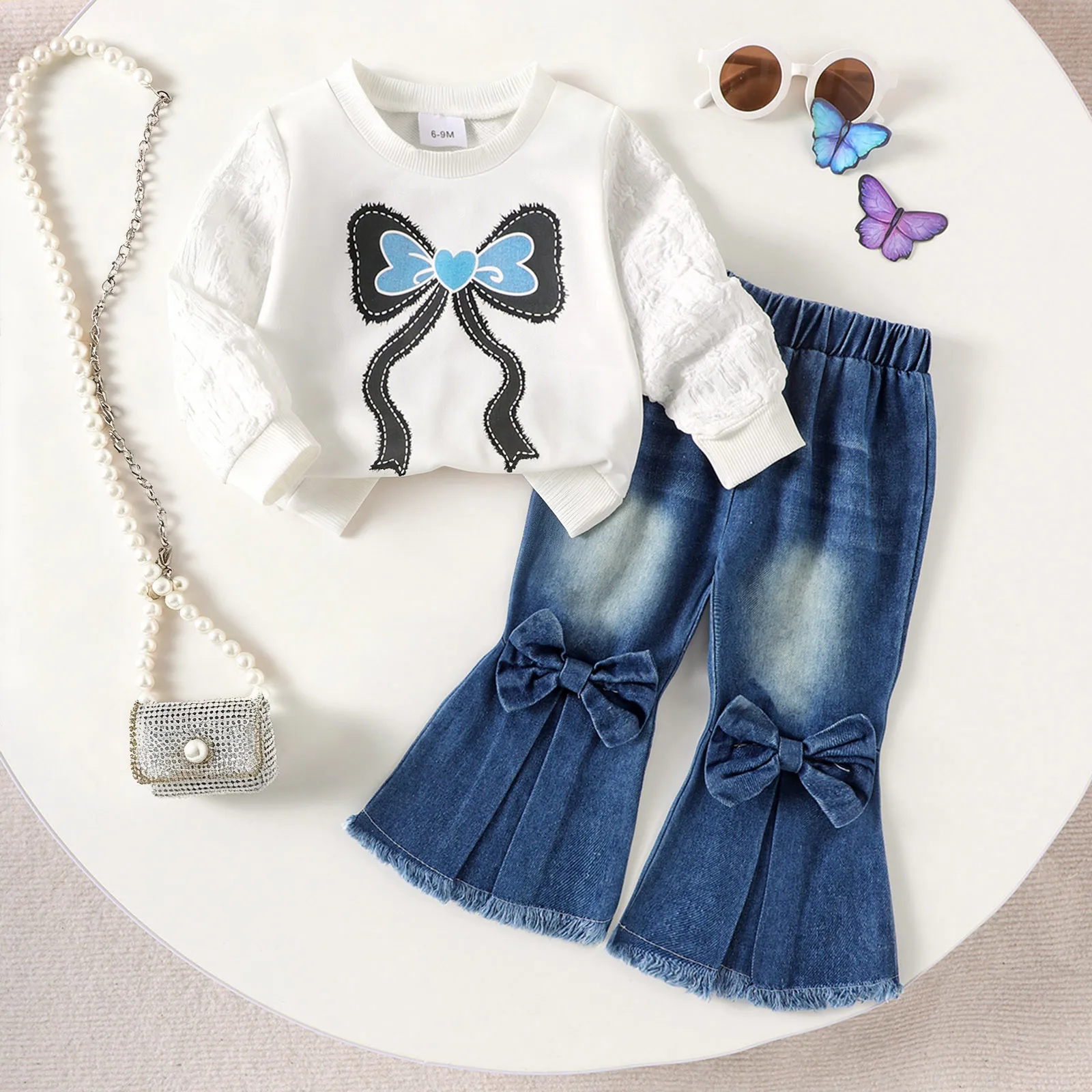 

Outfit Girls Toddler Girl Clothes Long Sleeve Bow Print Long Sleeve Sweatshirt With Washed Denim Pants Flared Girls Clothes Boy
