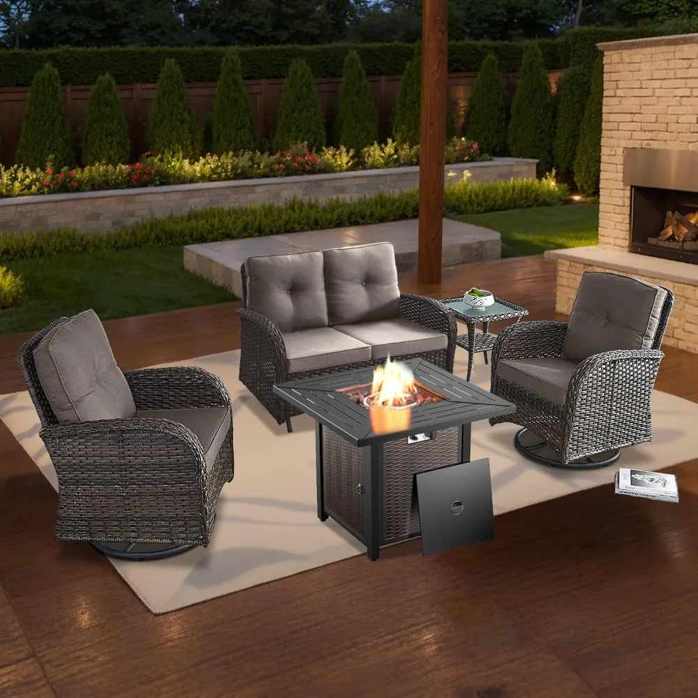 5 Piece Patio Furniture Set with Fire Pit Table - Glider Loveseat, Tempered Glass Side Table, Wicker Patio Sofa Set