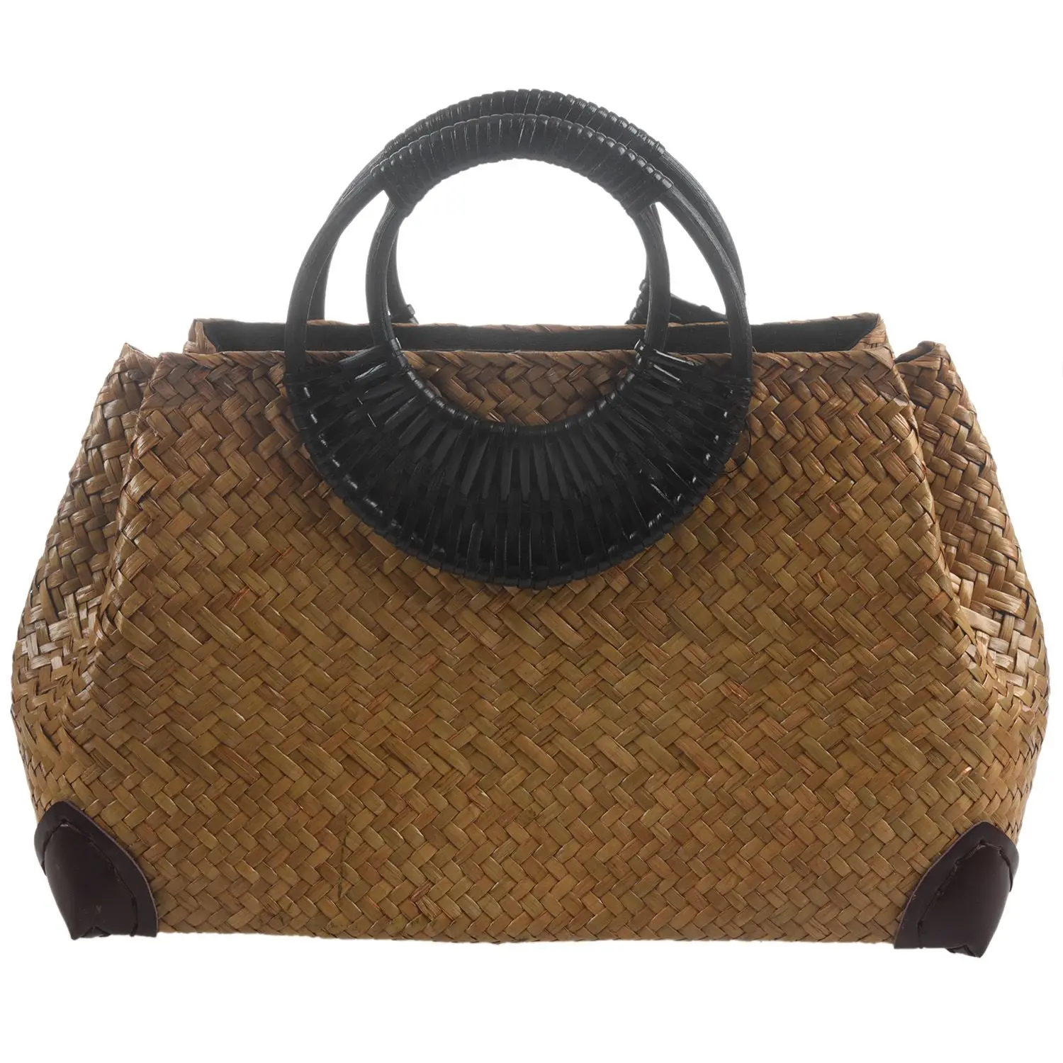 Bolso de paja de bambú para mujer, tejido de playa, hecho a mano, Vintage, con asa de madera, de viaje