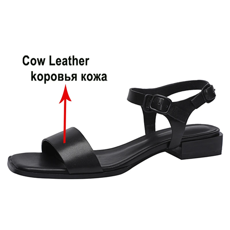 Meotina Shoes Women Genuine Leather Ankle Strap Sandals Square Toe Flat Buckle Fashion Ladies Footwear 2022 Summer Black 33-43