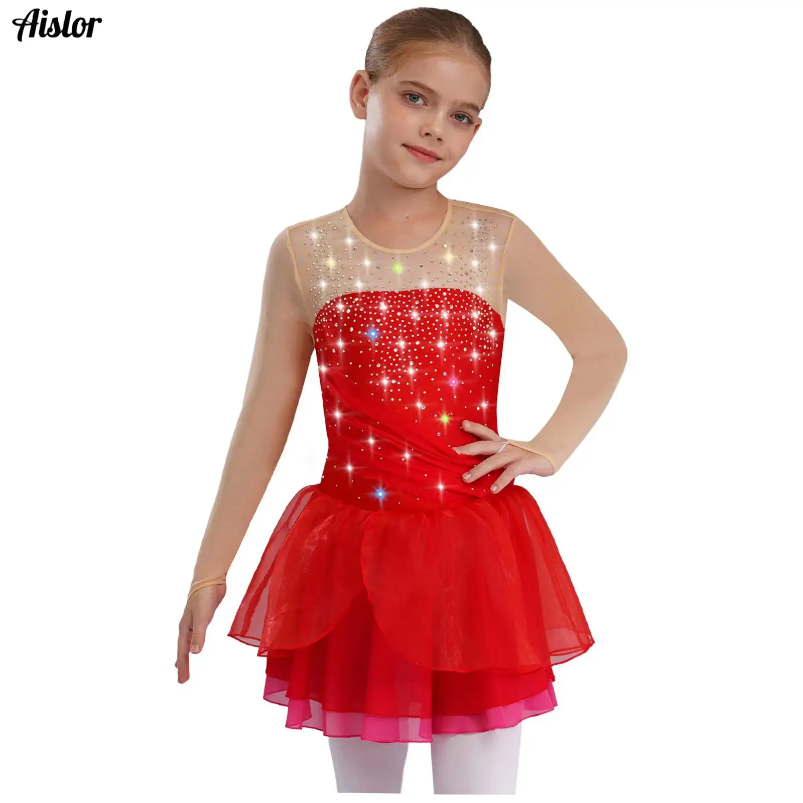 Kids Girls Figure Skating Performance Costume Shiny Rhinestones Lyrical Dance Dress Sheer Mesh Long Sleeves Cutout Back Dresses