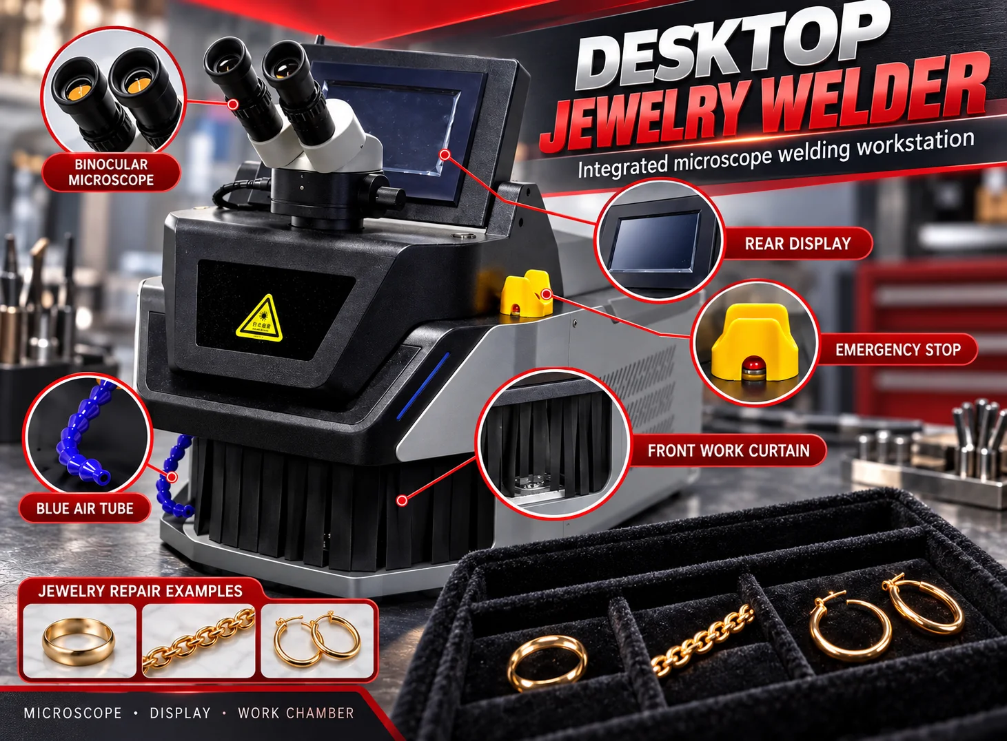 Benchtop Jewelry Laser Welding Workstation with Binocular Microscope, Side Ventilation, Rear Display and Blue Flexible Air Tube