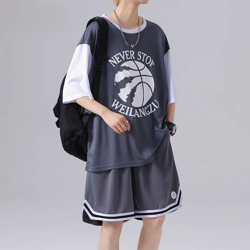 

Men's Summer Thin Qui Dry Casual Baskeall Sport Suit Five-Point Pants Trendy Brand Fake Two-Piece Top ort Sve T-irt