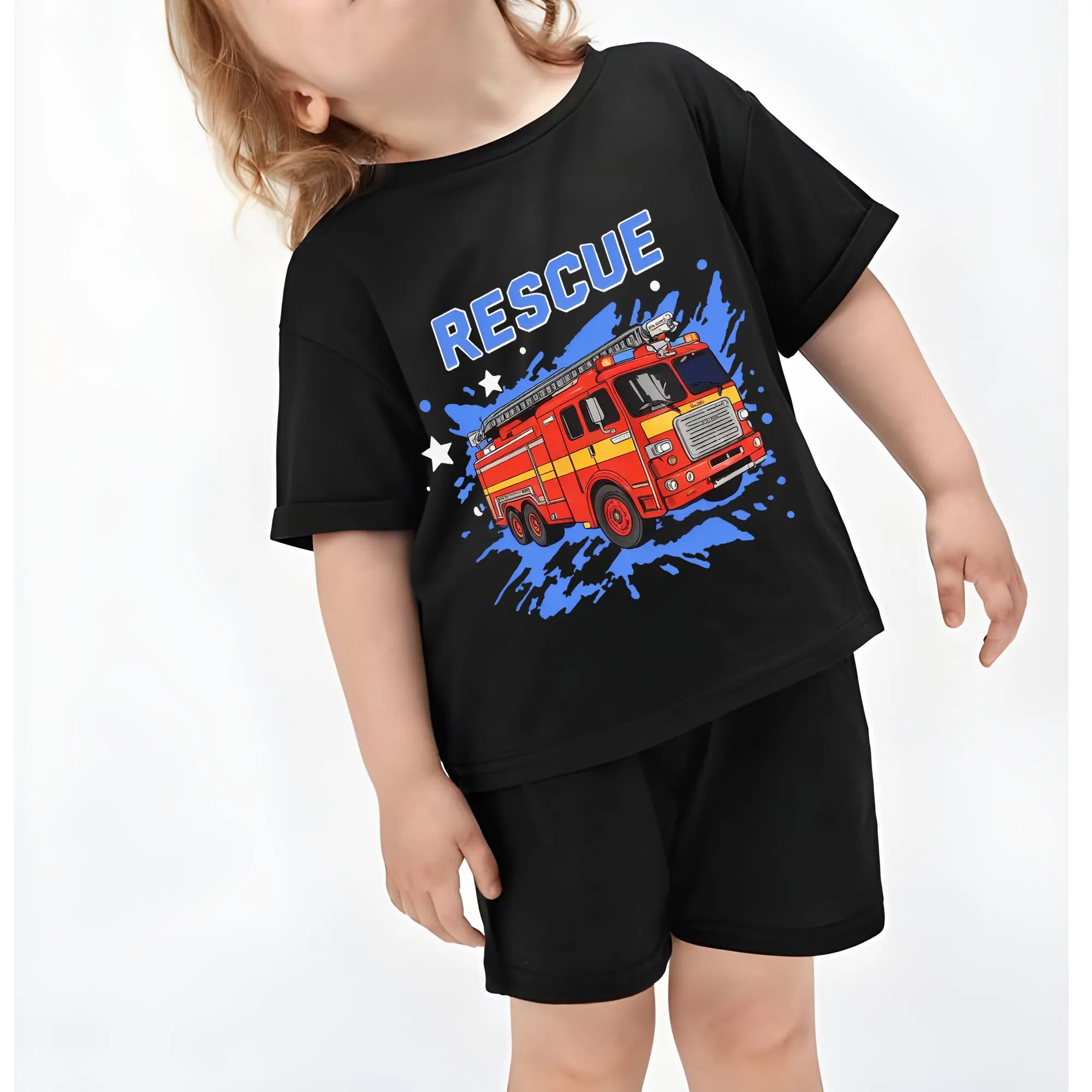 Little Hand Toddler Summer Clothing Set Cartoon Engineering Vehicle Space Print Short Sleeve Tee & Elastic Shorts for 2-7Y Boys