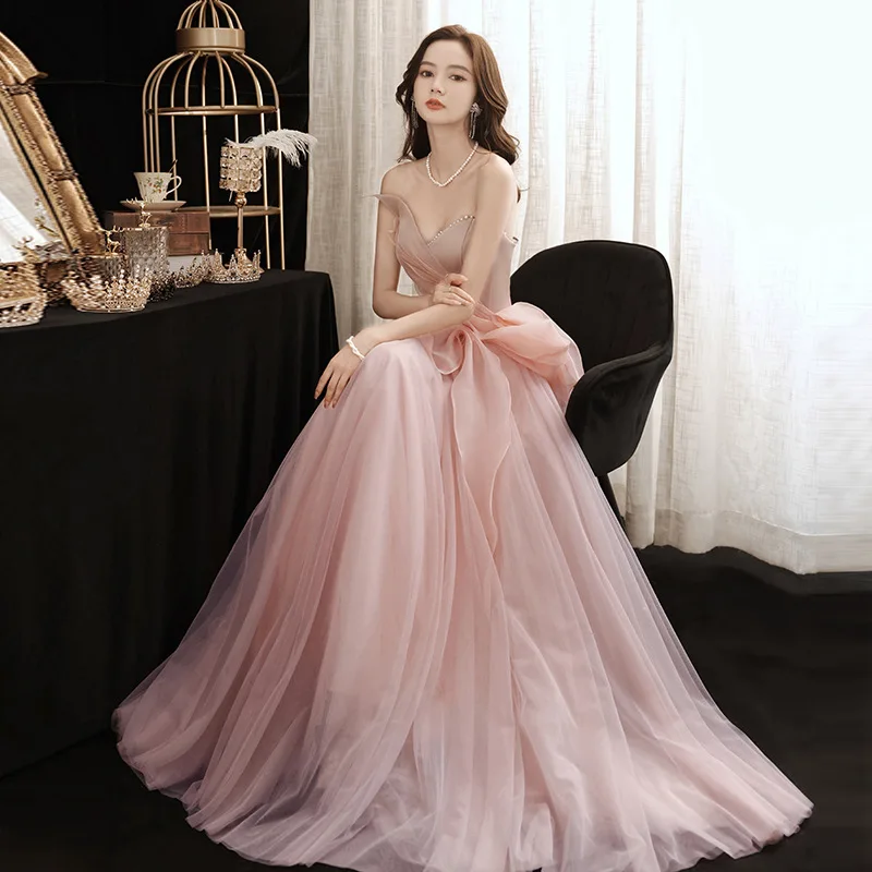 Women Evening Pink Evening Dress Tube Top Pearl Decoration Sweet and Cute Birthday Dress Bride Wedding Dress Party Dresses