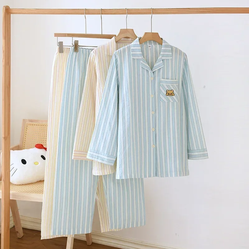

2025 New Spring/Summer Japanese Women's Striped Pajama Set 100% Cotton Long Sleeve Long Pants Two Piece Set Thin Home Clothing