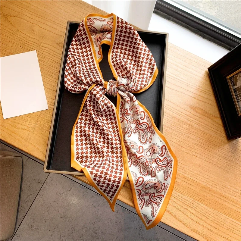 럭셔리 긴 실크 스카프 여성용 동물 말 프린트 얇고 가는 스카프 가방 머리 끈 리본 스카프 여성용 네커치프