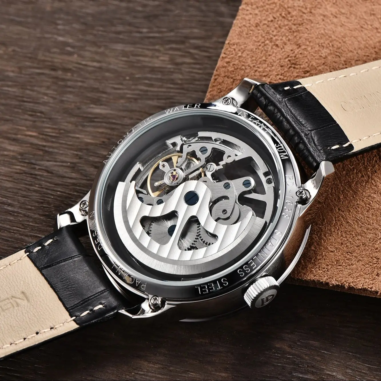 PAGANI DESIGN Men's Automatic Mechanical Watch Genuine Leather Strap 30M Water Resistance hardness Synthetic GlassCasual PD-1638