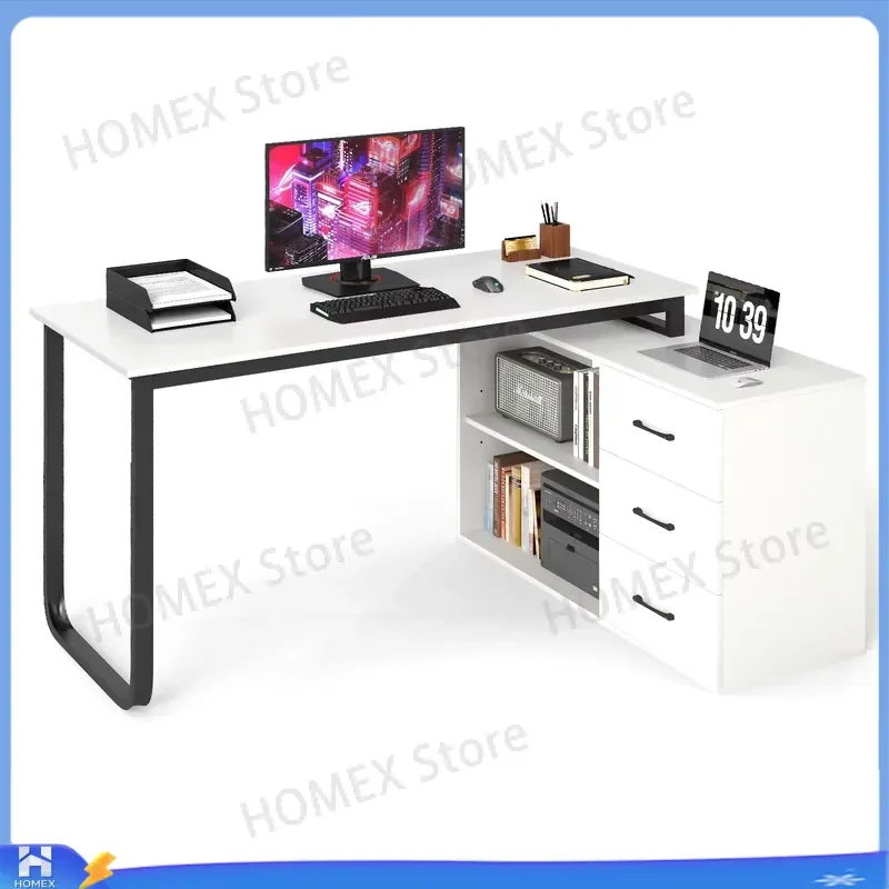 L Shaped Computer Desk Corner Gaming Desk with 3 Drawers White Executive Office Writing Table Modern Home Workstation