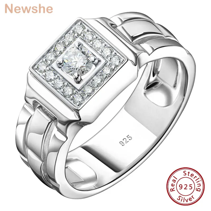 Newshe Men's 925 Sterling Silver Rings AAAAA Grade Brilliant Round Cubic Zirconia Promise Wedding Jewelry Size 7~14