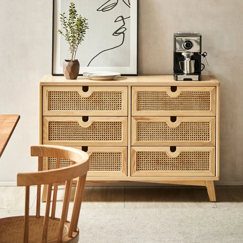 Nordic solid wood rattan four chest cabinets, simple modern living room drawer lockers, entrance cabinets