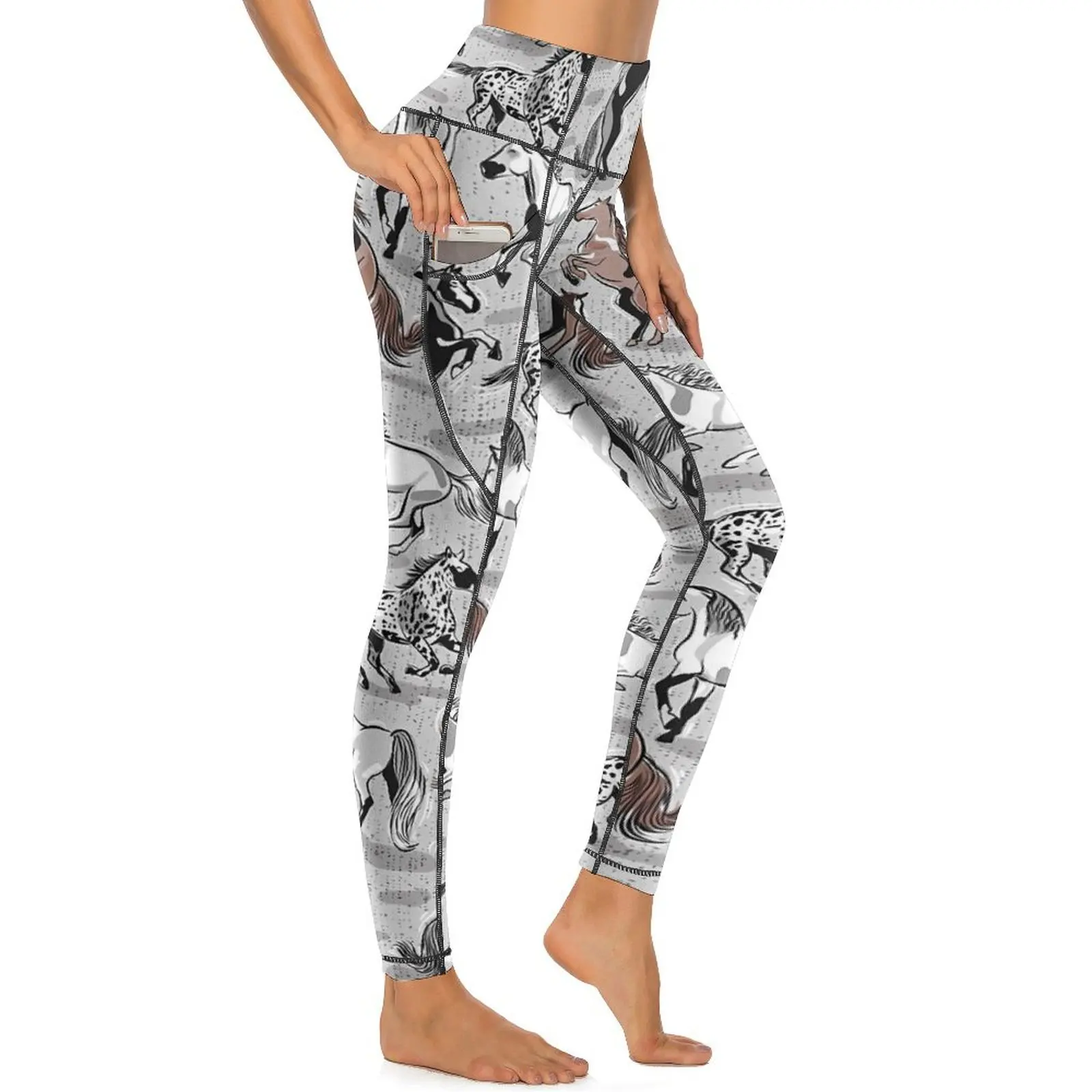 Vintage Horse Yoga Pants Pockets Animal Print Leggings Sexy High Waist Fashion Yoga Sport Legging Stretchy Workout Gym Leggins