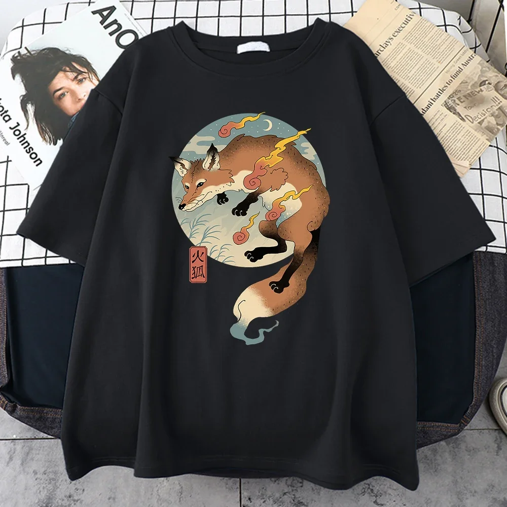 Oversize All-math Mans Cotton T-Shirts Fire Cartoon Fox Japanese Printed Men Short Sleeve Harajuku Casual Cotton Tee Clothing