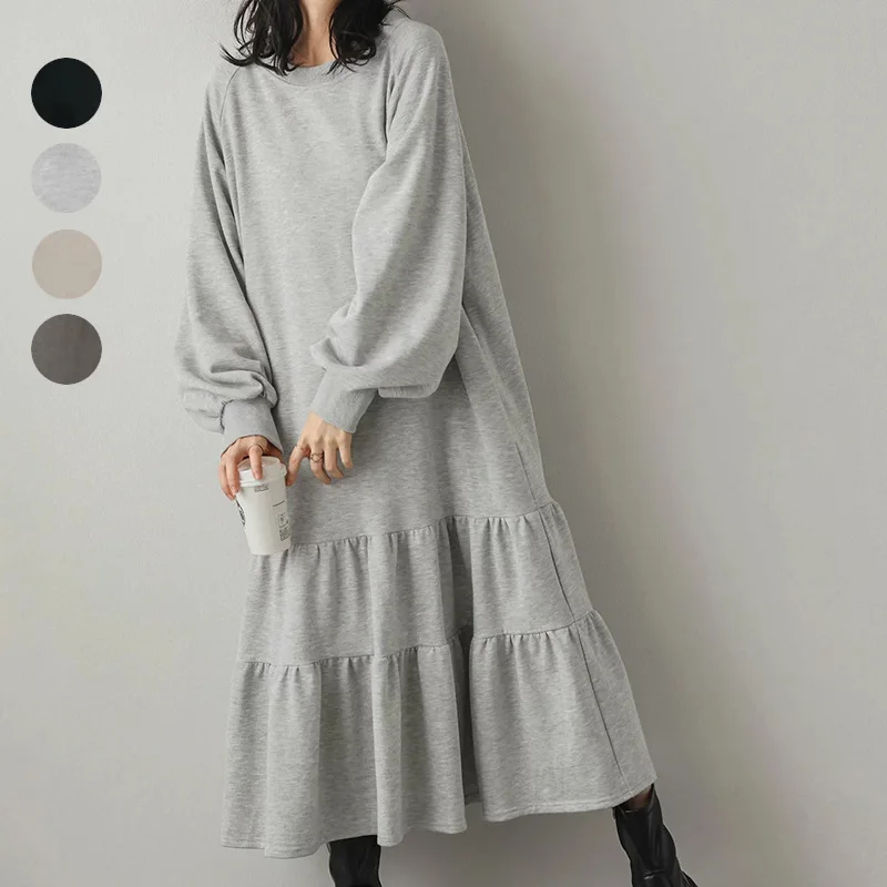 

Long Dress Women Maxi Dresses A Line Vestidos Ruffles Gray High Waist Streetwear Round Neck Work Loose Elegant Splice Y2k 2025