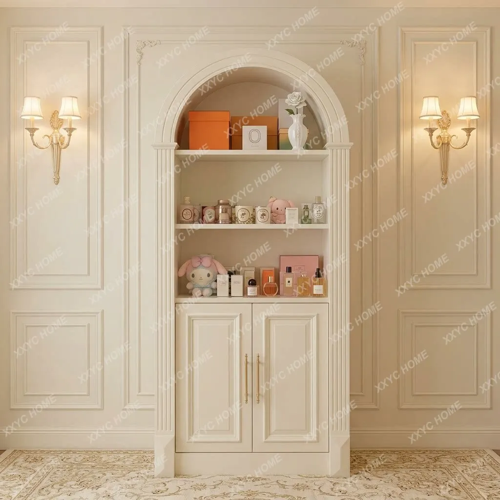 Cream Style Solid Wood White Bookcase  Carved Children Arch Book Shelf Villa Decorative Combination Bookcase