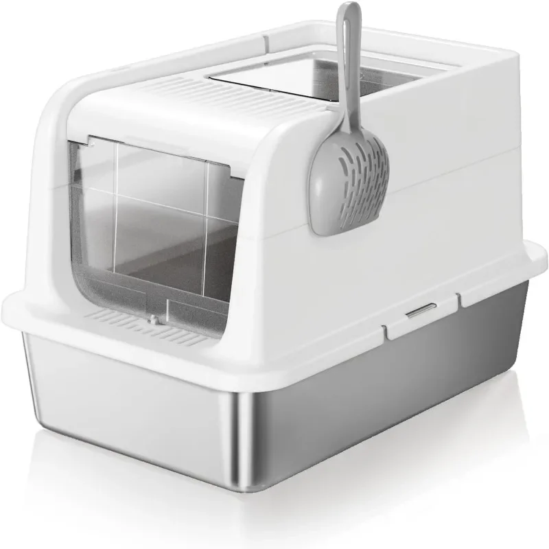

Stainless Steel Cat Litter Box with Lid - Top Front 2 Doors Covered Litter Box Enclosed Open Adjustable to Easy Clean - Hooded
