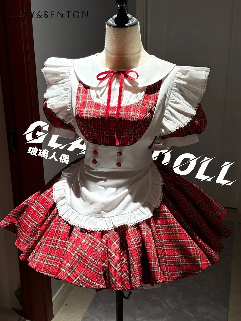 

Original Design Sexy Sweet Maid Outfit Red Plaid Doll Collar Short Sleeve Mini Dress Women Lolita Style Princess Tutu Dresses