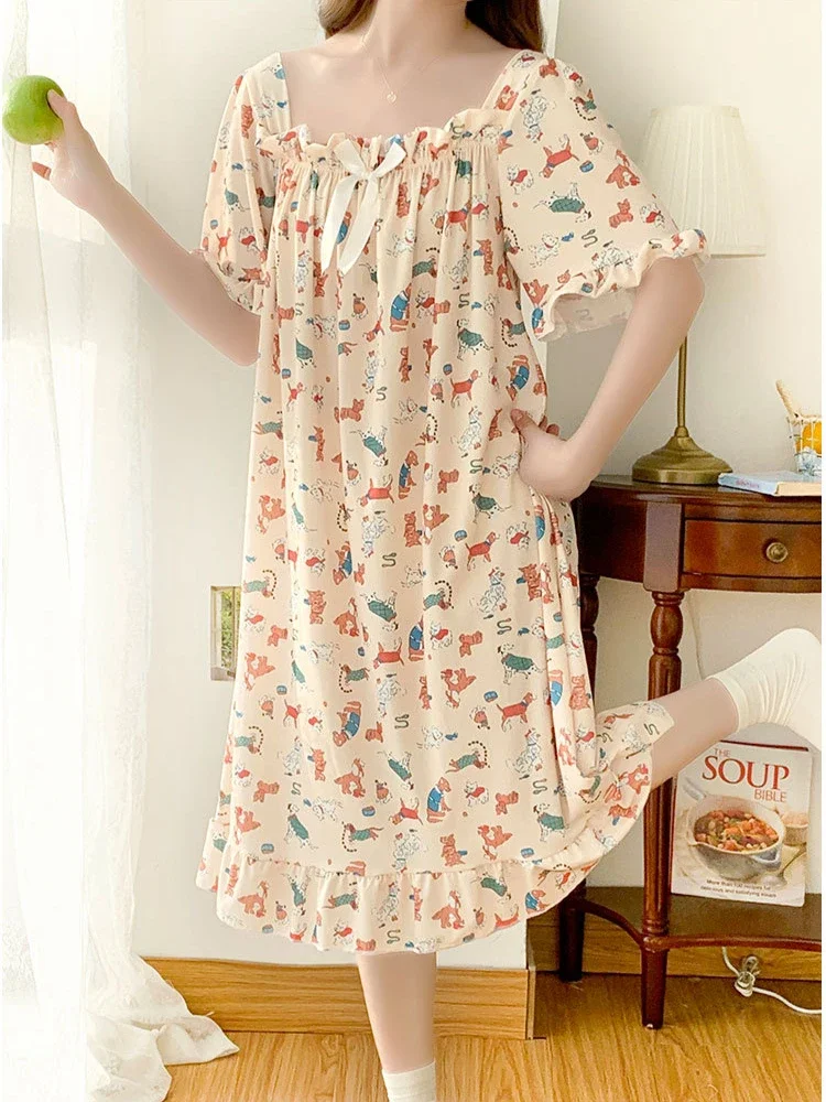 Plus Size Women Nightgown Summer Ice Silk Loose Sleep Dress Girl Squre Neck Short Sleeve Pajamas Home Clothes Loungewear 5XL