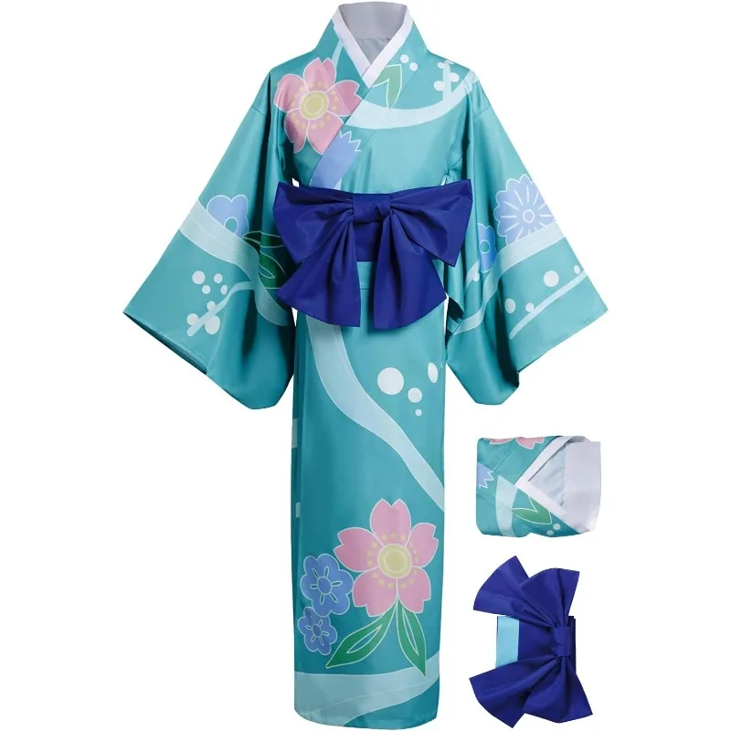 Anime Hashibira Inosuke Cosplay Patterned Blue Kimono Belt Outfit Adult Costume Japanese Uniform Halloween for Women