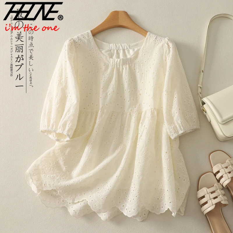 THHONE ฤดูร้อนเสื้อผ้าสตรีเสื้อ Hollow Out เย็บปักถักร้อย Vintage Pullover แขนสั้นสบายๆเกาหลีเสื้อหลวม
