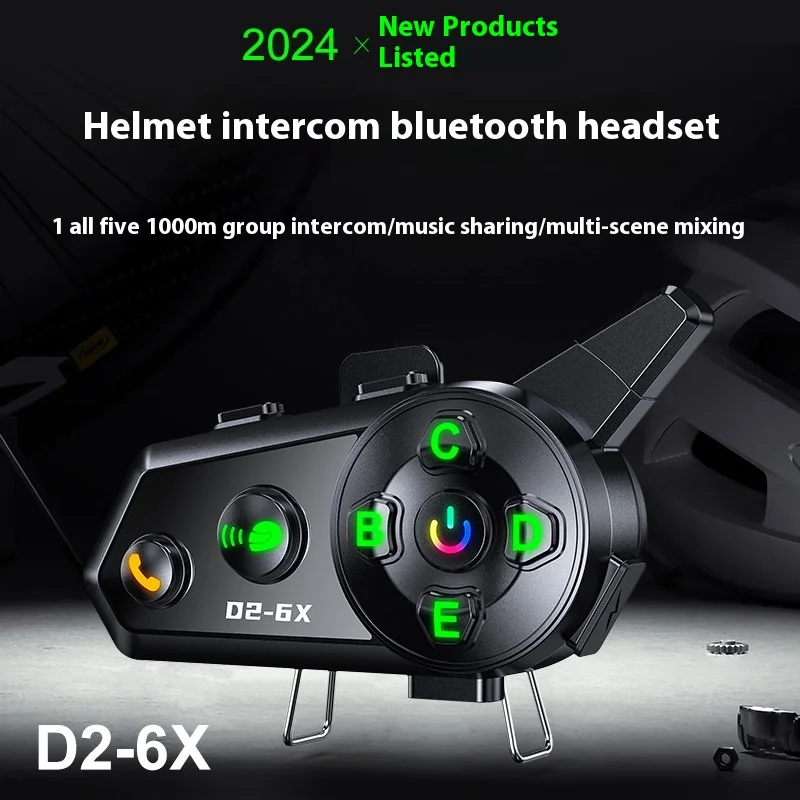 2024 Nieuwe D2-6X Motorhelm Bluetooth Intercom Headset 1000M Mixen Muziek Delen Waterdichte 6 Rijders Switching Interphone