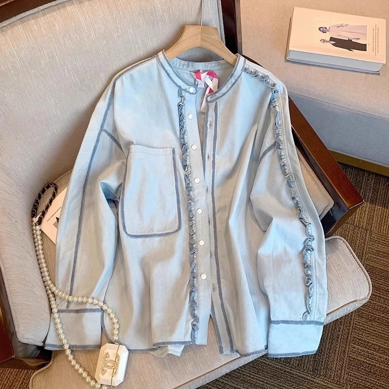 

Fashion Vintage Design Shirts Ruffles Patchwork Pockets Long Sleeve Blouses 2025 Autumn New Top Elegant All Match Women Clothing