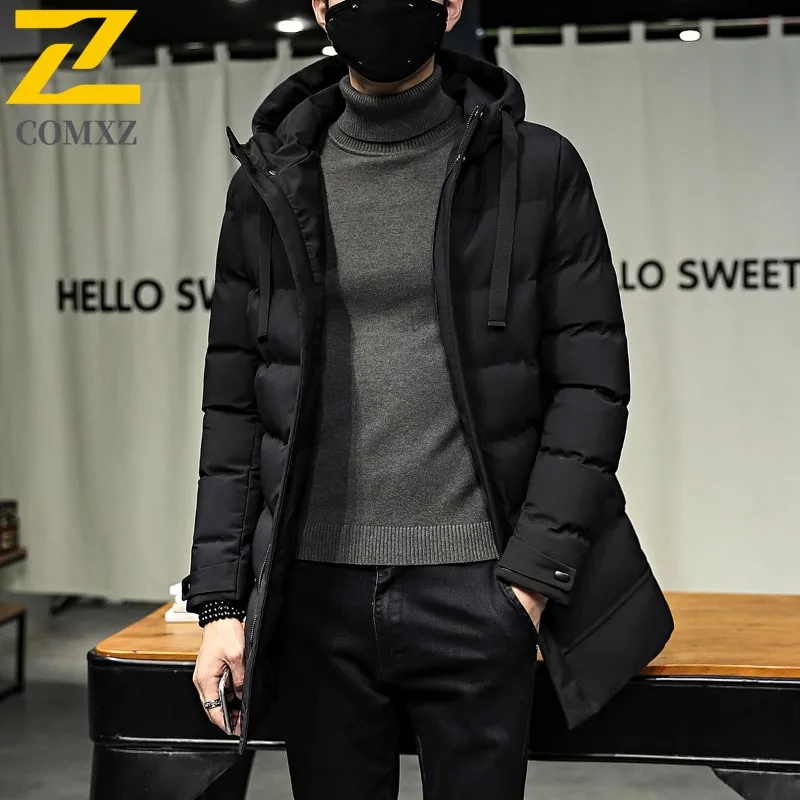 COMXZ Giacca imbottita da uomo di marca di lusso con cappuccio caldo spesso sciolto da viaggio Cappotto Parker da neve Sci Cappotto imbottito di media lunghezza di alta qualità