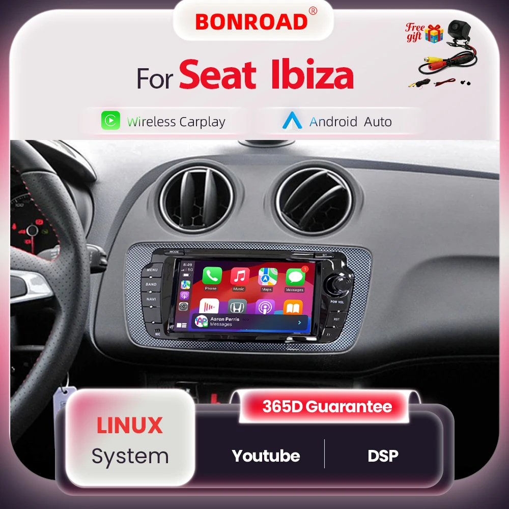 BONROAD Wireless Carplay Android Auto Autoradio per Seat Ibiza 6j 2009 2010 2011-2013 Lettore multimediale stereo 2DIN Touch Screen