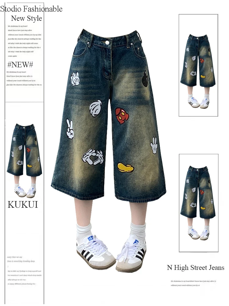 Summer Women Dark Academia 2000s Jorts Japanese Low Rise Knee Length Jean Shorts Graphic Denim Pants Y2k Streetwear Harajuku