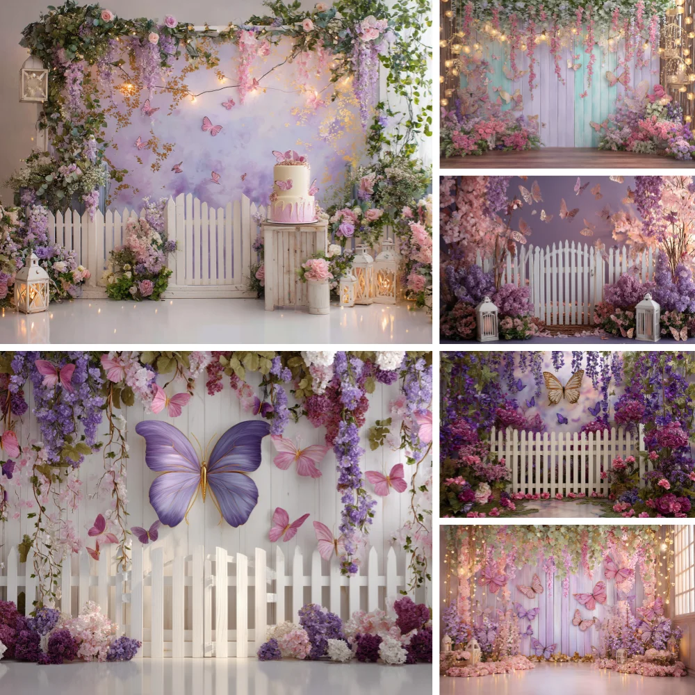 

Birthday Decoration Backgrounds For Photography Romantic Lavender Hydrangea Butterfly Lantern Kid Portrait Backdrop Studio Props