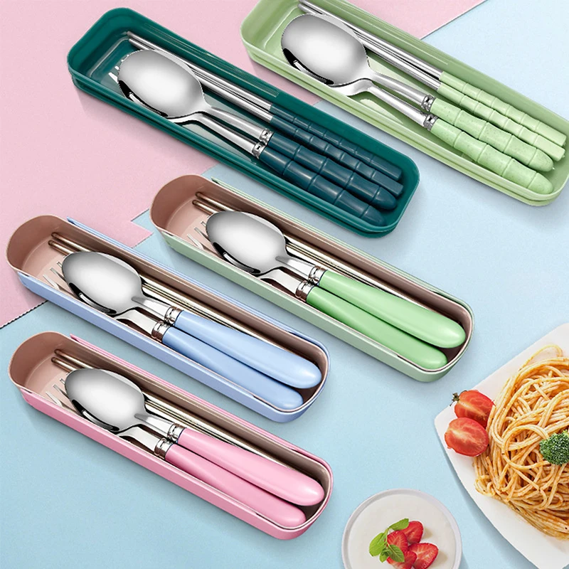Stainless Steel Portable Cutlery Set Outdoor Camping Fork Spoon And Chopsticks Three-Piece Set