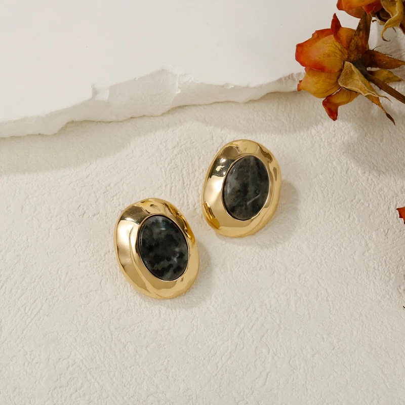 Badu Geometric Oval Stud Earrings For Women Vintage Metal Natural Stone Statement Earrings Fashion Jewelry Gifts