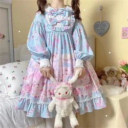 Dessert Party Printing Spring Kawaii Girl Puff Sleeve Lolita Dress Sweet Princess Vestidos Peter Pan Collar Ruffle Cos Lolita OP