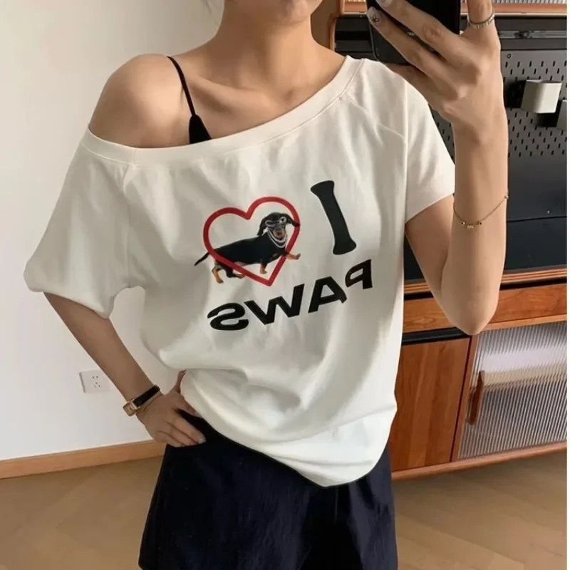 

Off-shoulder T-shirt Women with Short Sleeves Summer Loose Design Sausage Dog Letter Print Top